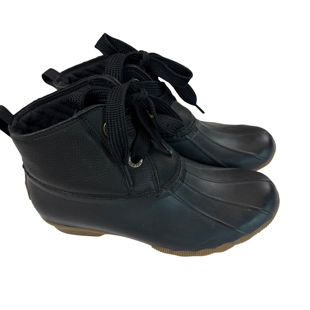 Sperry Saltwater Black Leather Duck Boots Women 8 STS84826 Rain Snow Waterproof